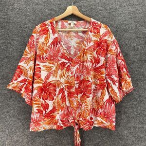 Como Vintage Blouse Women XL Red Floral V-Neck 3/4 Sleeve Rayon Casual Pullover
